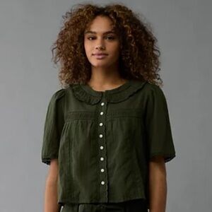 American Eagle Outfitters Dark Green Ruffled Blouse